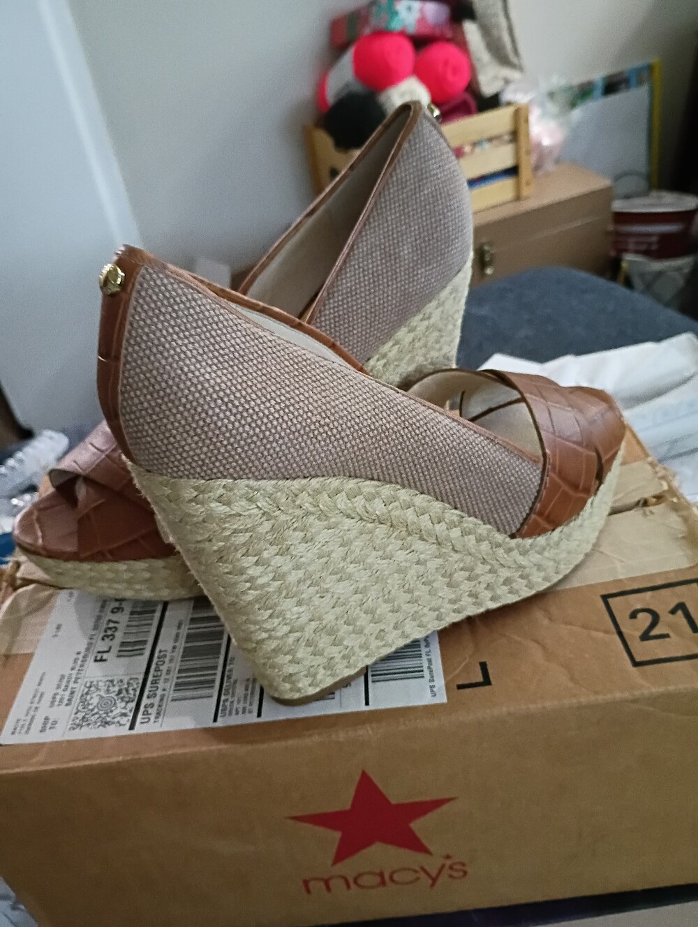 Michael Kors Wedge Espadrille Peep-Toe Heels in Taupe and Brown Size 10